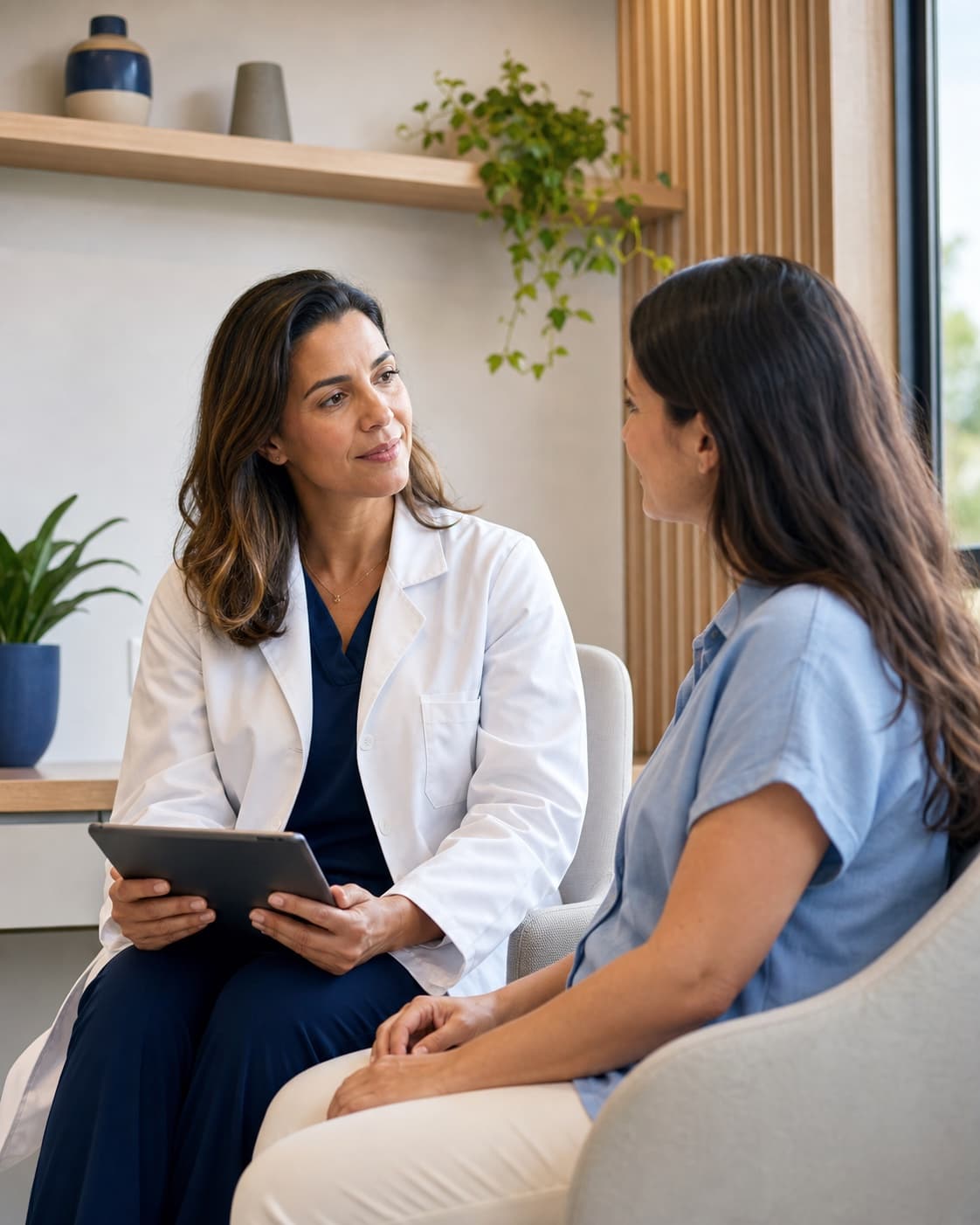 Médica conversando atentamente com uma paciente em um consultório acolhedor
